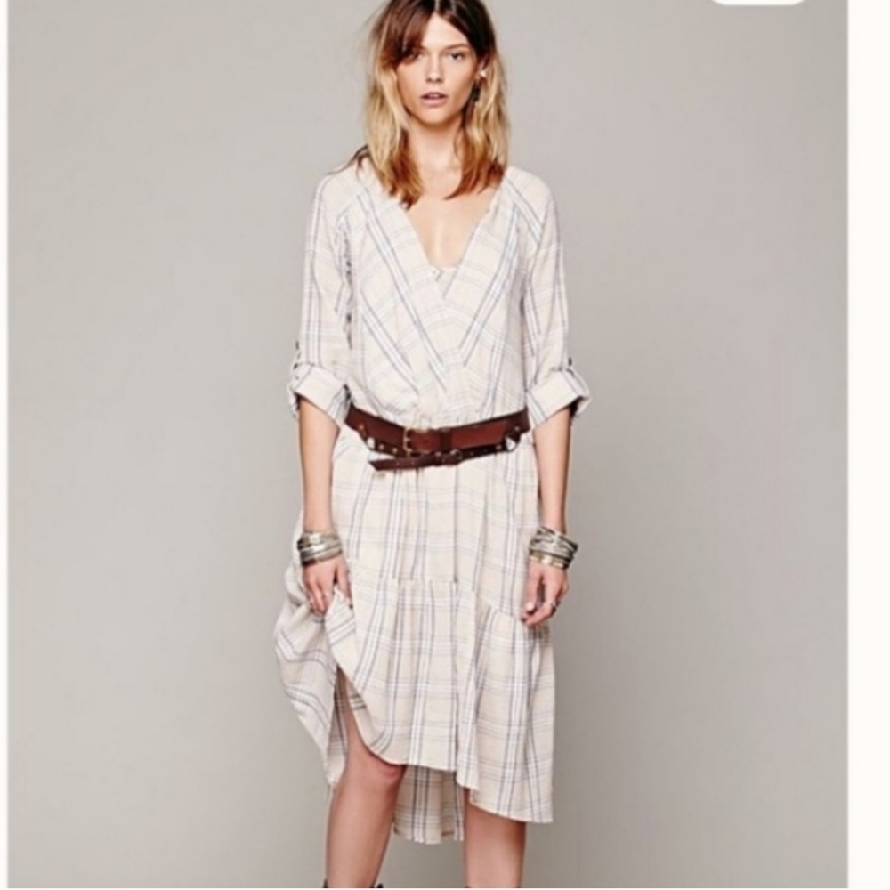 Free People Melody Beige Blue Plaid Boho Rool Tab Sleeve High Low Dress Sz XS